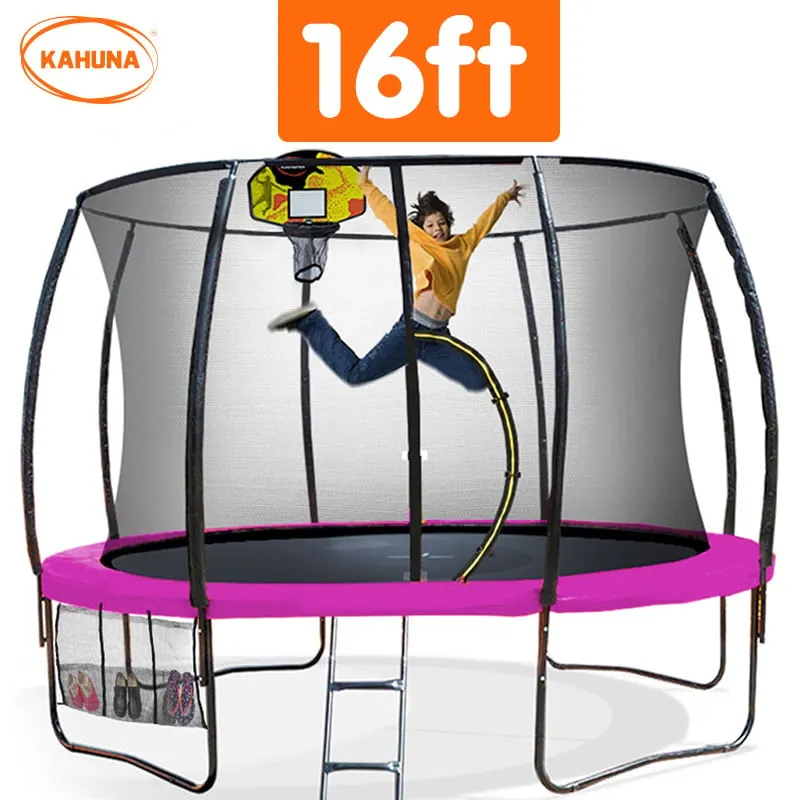 16ft Outdoor Trampoline for Kids with Safety Enclosure, Pad, Mat, Ladder, and Basketball Hoop Set - Pink