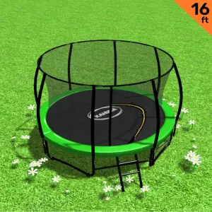 16ft Trampoline with Free Ladder, Spring Mat, Net, Safety Pad Cover, and Round Enclosure - Green