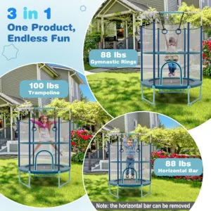 60" Trampoline with Gymnastic Bar and Rings for Kids-Blue