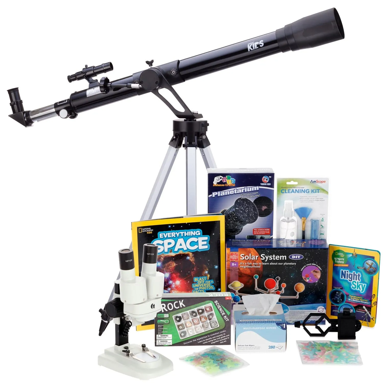 AmScope Kid's Telescope Moon Gazer Series featuring 45X-450X 600x90mm Telescope, Space-Themed Activity Kit, and more