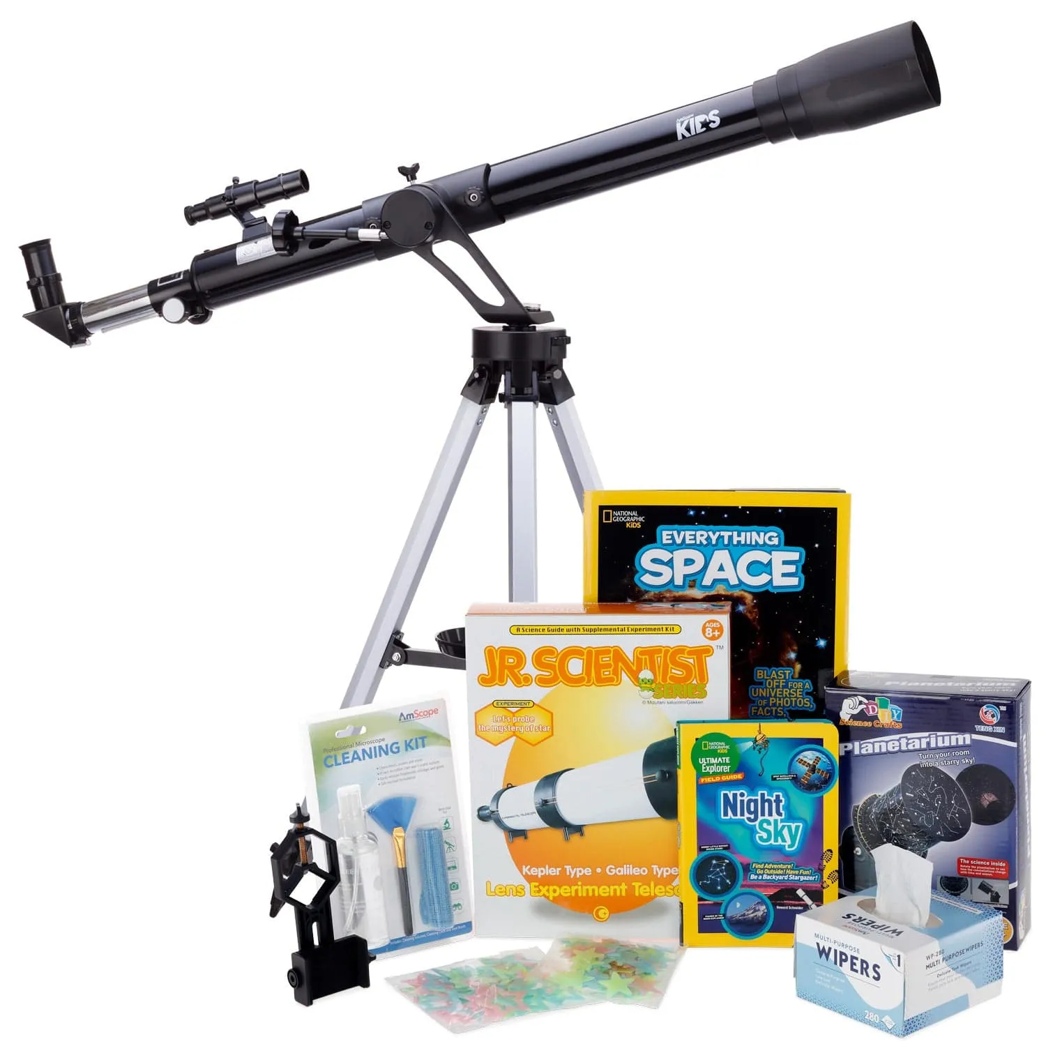 AmScope Kid's Telescope Moon Gazer Series featuring 45X-450X 600x90mm Telescope, Space-Themed Activity Kit, and more