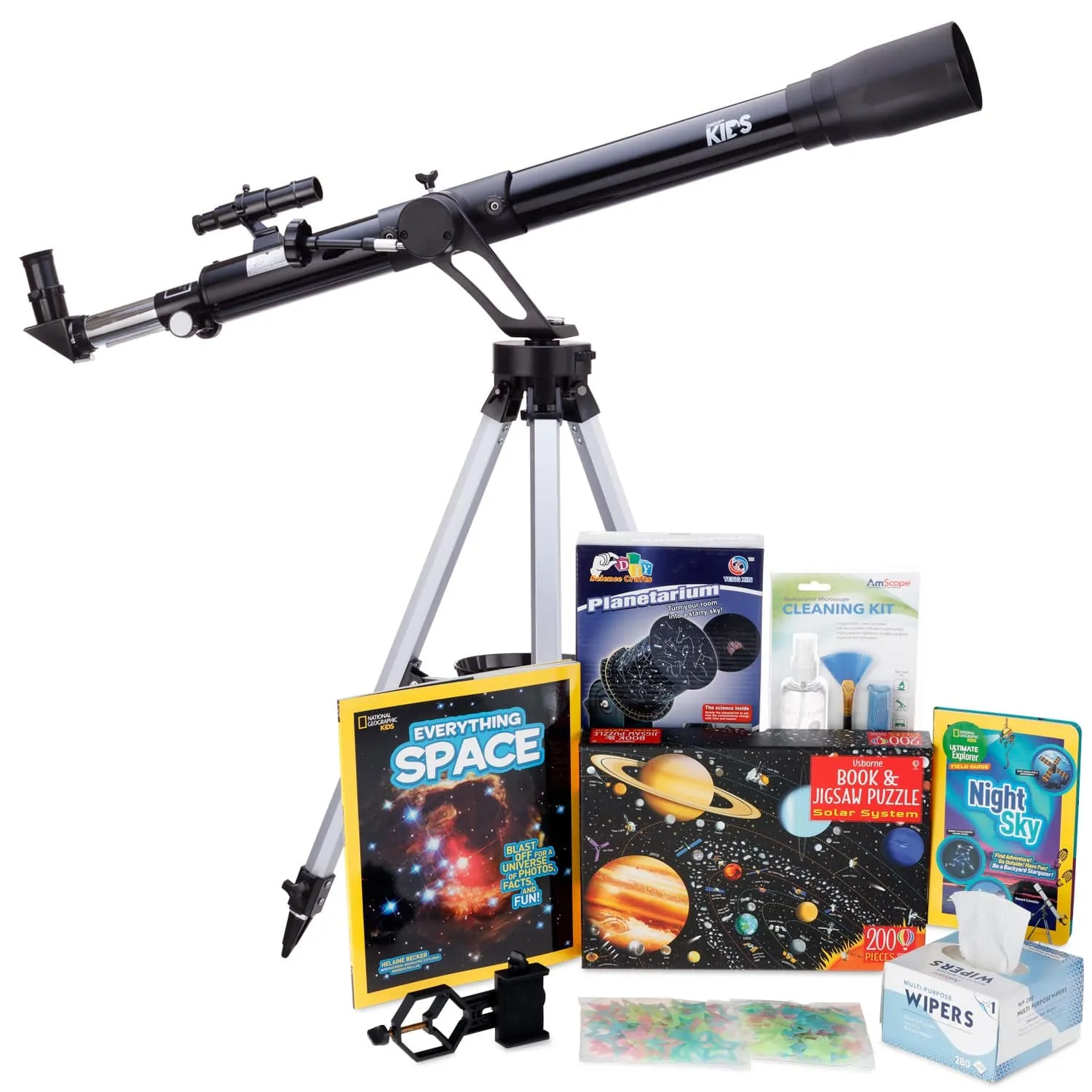 AmScope Kid's Telescope Moon Gazer Series featuring 45X-450X 600x90mm Telescope, Space-Themed Activity Kit, and more