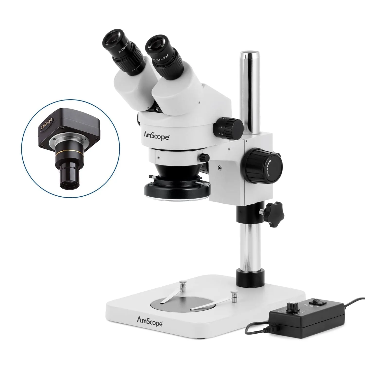 AmScope SM-1 Series Inspection and Dissecting Zoom Binocular Stereo Microscope with 144 LED Ring Light and Optional Digital Camera on Compact Pillar Stand