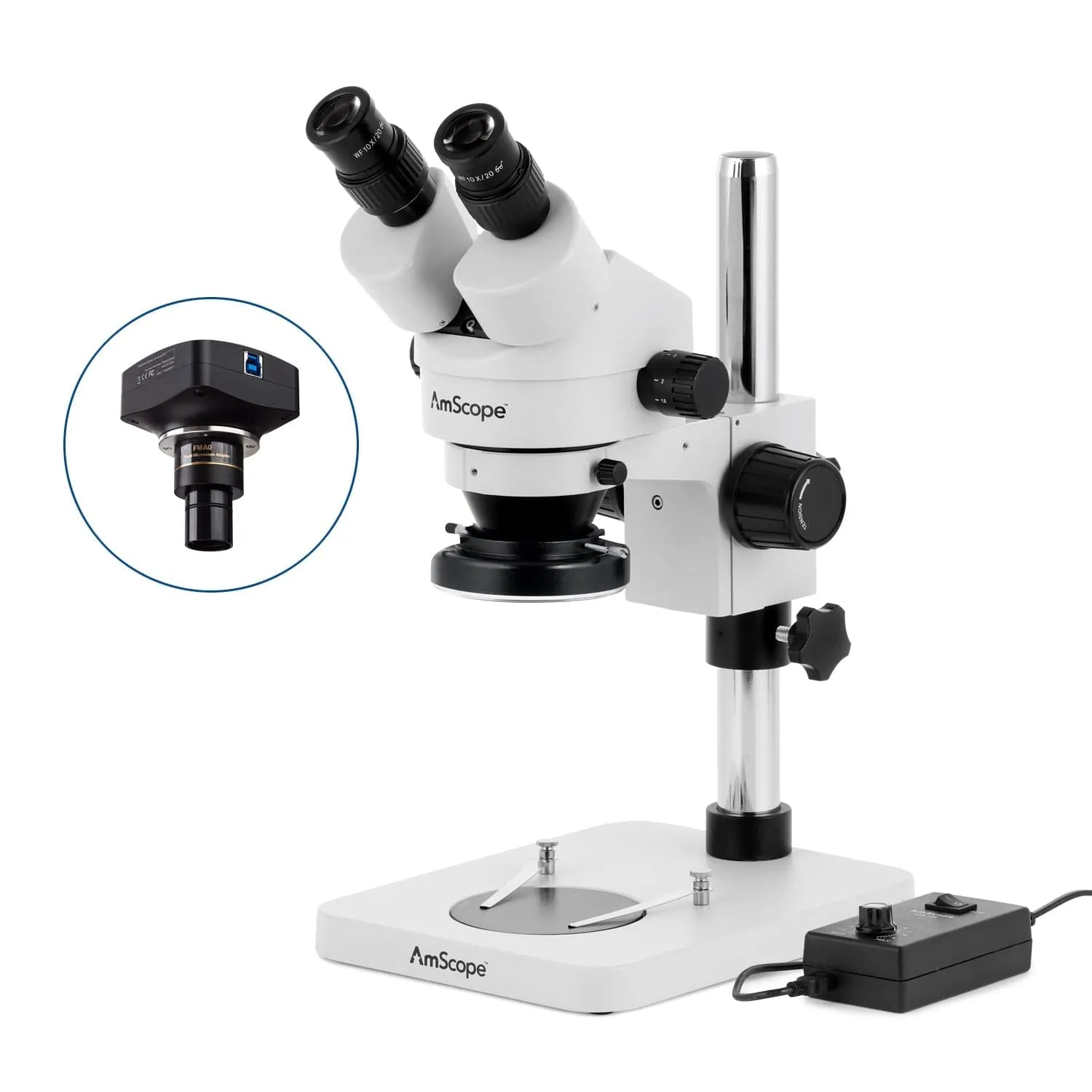 AmScope SM-1 Series Inspection and Dissecting Zoom Binocular Stereo Microscope with 144 LED Ring Light and Optional Digital Camera on Compact Pillar Stand