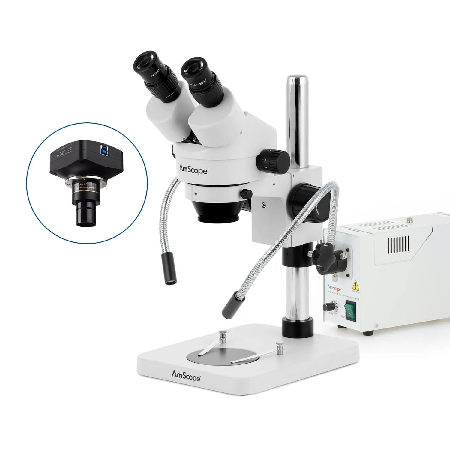 AmScope SM-1 Series Inspection and Dissecting Zoom Binocular Stereo Microscope with 150W Halogen Dual Fiber Gooseneck Lights and Optional Digital Camera on Compact Pillar Stand