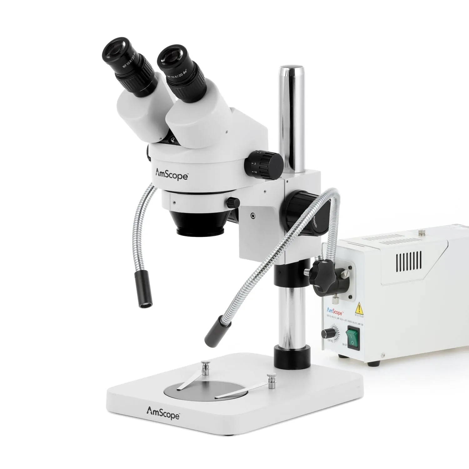 AmScope SM-1 Series Inspection and Dissecting Zoom Binocular Stereo Microscope with 150W Halogen Dual Fiber Gooseneck Lights and Optional Digital Camera on Compact Pillar Stand