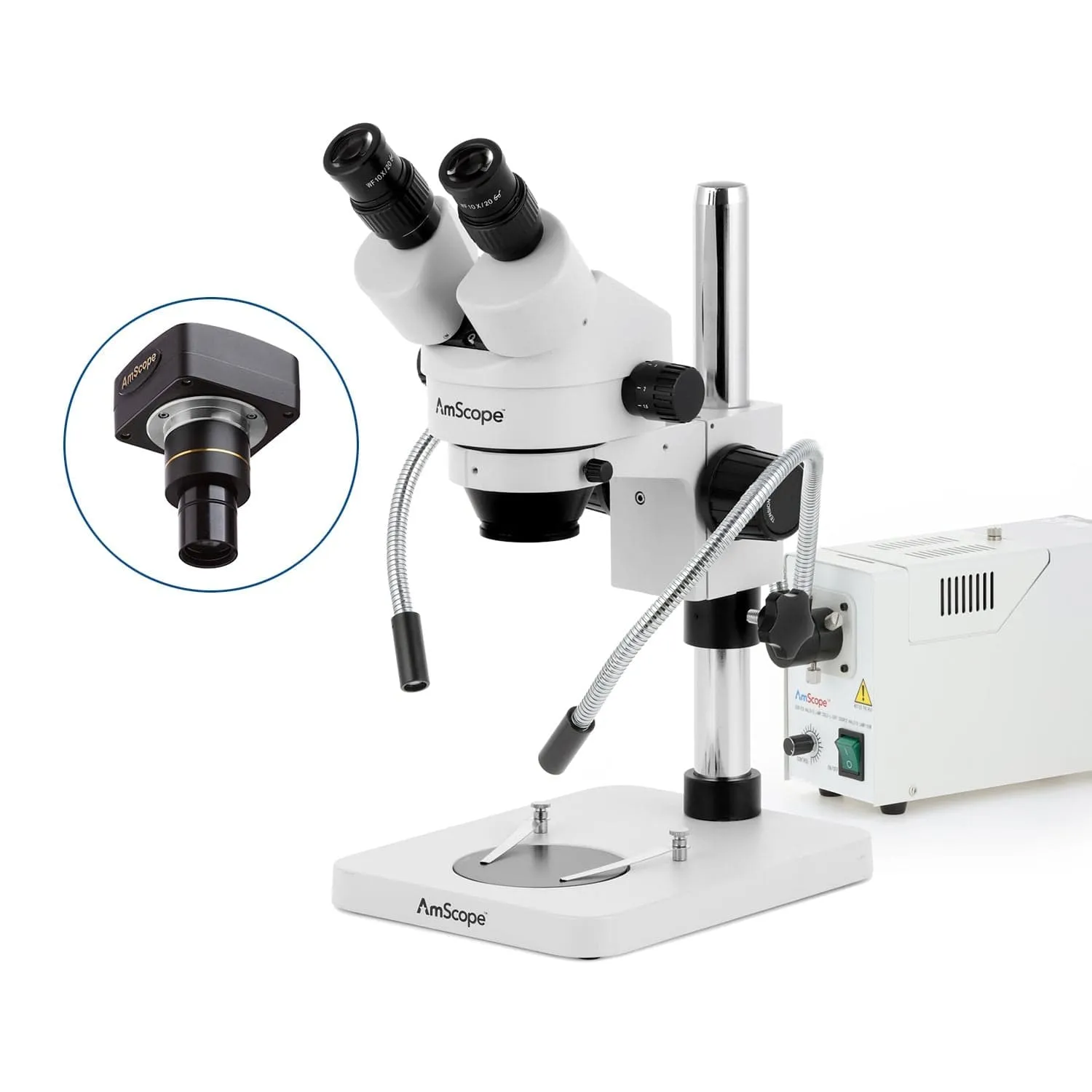 AmScope SM-1 Series Inspection and Dissecting Zoom Binocular Stereo Microscope with 150W Halogen Dual Fiber Gooseneck Lights and Optional Digital Camera on Compact Pillar Stand