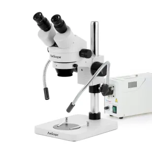AmScope SM-1 Series Inspection and Dissecting Zoom Binocular Stereo Microscope with 150W Halogen Dual Fiber Gooseneck Lights and Optional Digital Camera on Compact Pillar Stand