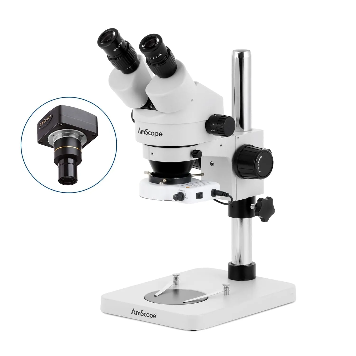 AmScope SM-1 Series Inspection and Dissecting Zoom Binocular Stereo Microscope with 80 LED Compact Ring Light and Optional Digital Camera on Compact Pillar Stand