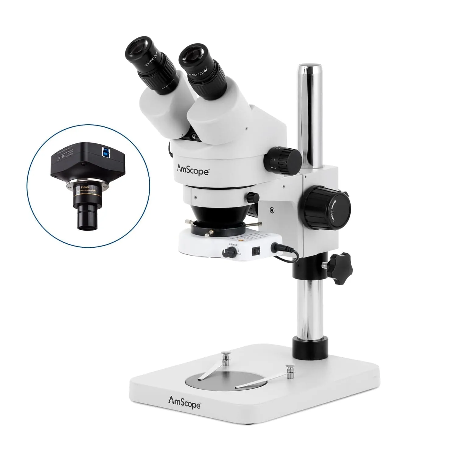 AmScope SM-1 Series Inspection and Dissecting Zoom Binocular Stereo Microscope with 80 LED Compact Ring Light and Optional Digital Camera on Compact Pillar Stand