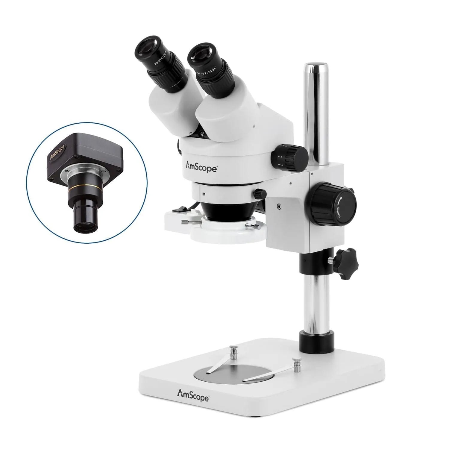 AmScope SM-1 Series Inspection and Dissecting Zoom Binocular Stereo Microscope with 8W Fluorescent Ring Light and Optional Digital Camera on Compact Pillar Stand