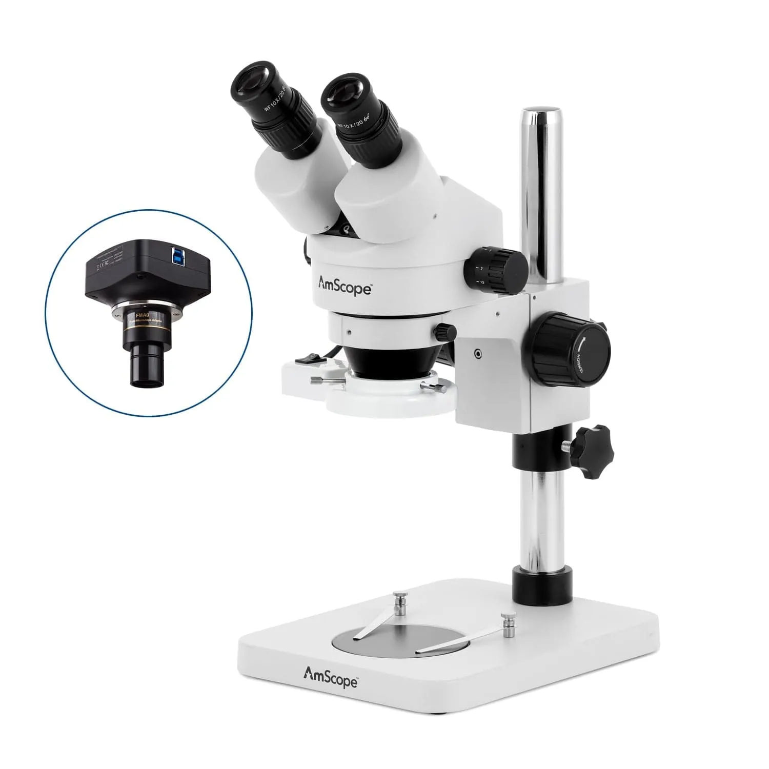 AmScope SM-1 Series Inspection and Dissecting Zoom Binocular Stereo Microscope with 8W Fluorescent Ring Light and Optional Digital Camera on Compact Pillar Stand