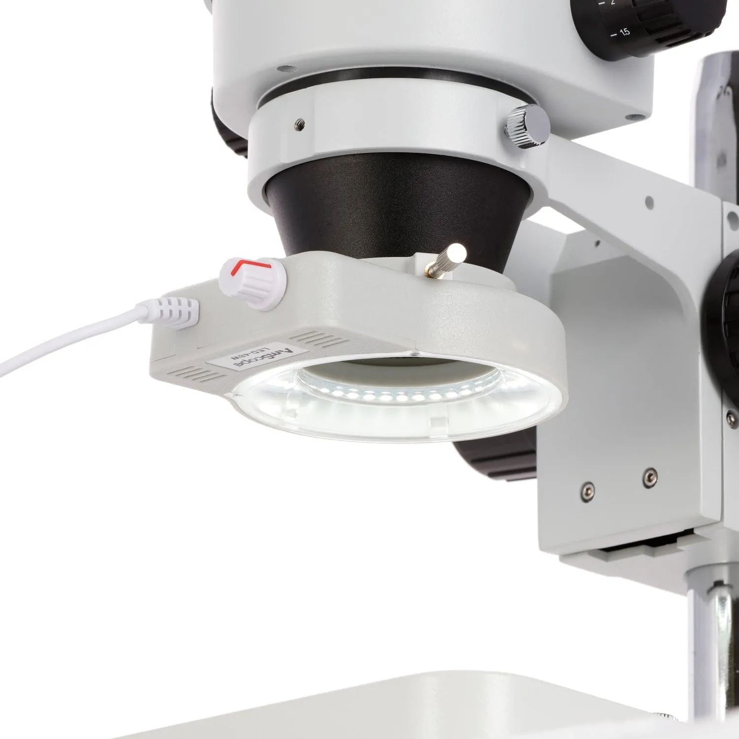 AmScope SM-1B Series Inspection and Dissecting Binocular Zoom Stereo Microscope 7X-45X Magnification on Compact Pillar Stand with 70-LED Ring Light