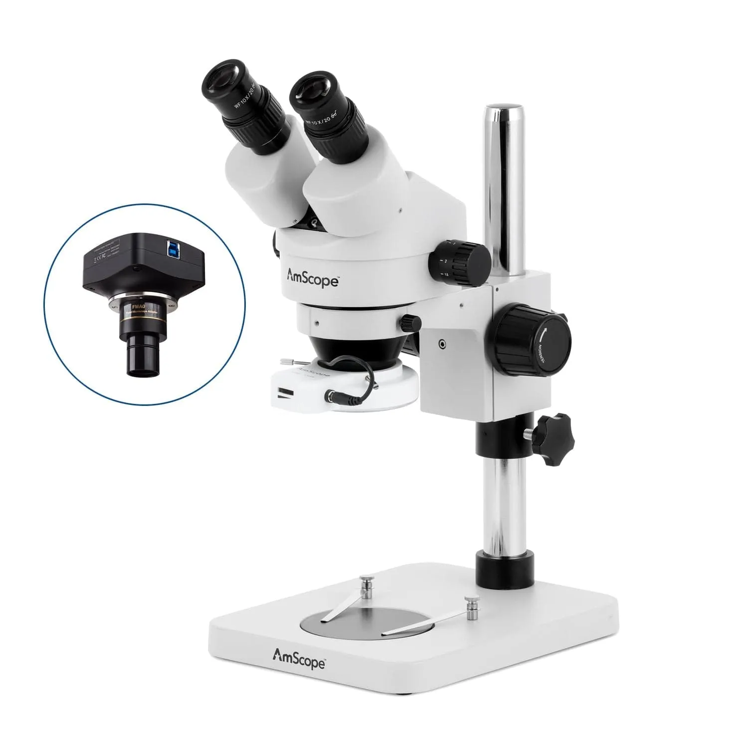 AmScope SM-1B Series Inspection and Dissecting Binocular Zoom Stereo Microscope with 144 LED Compact Ring Light and Optional Digital Camera on Compact Pillar Stand