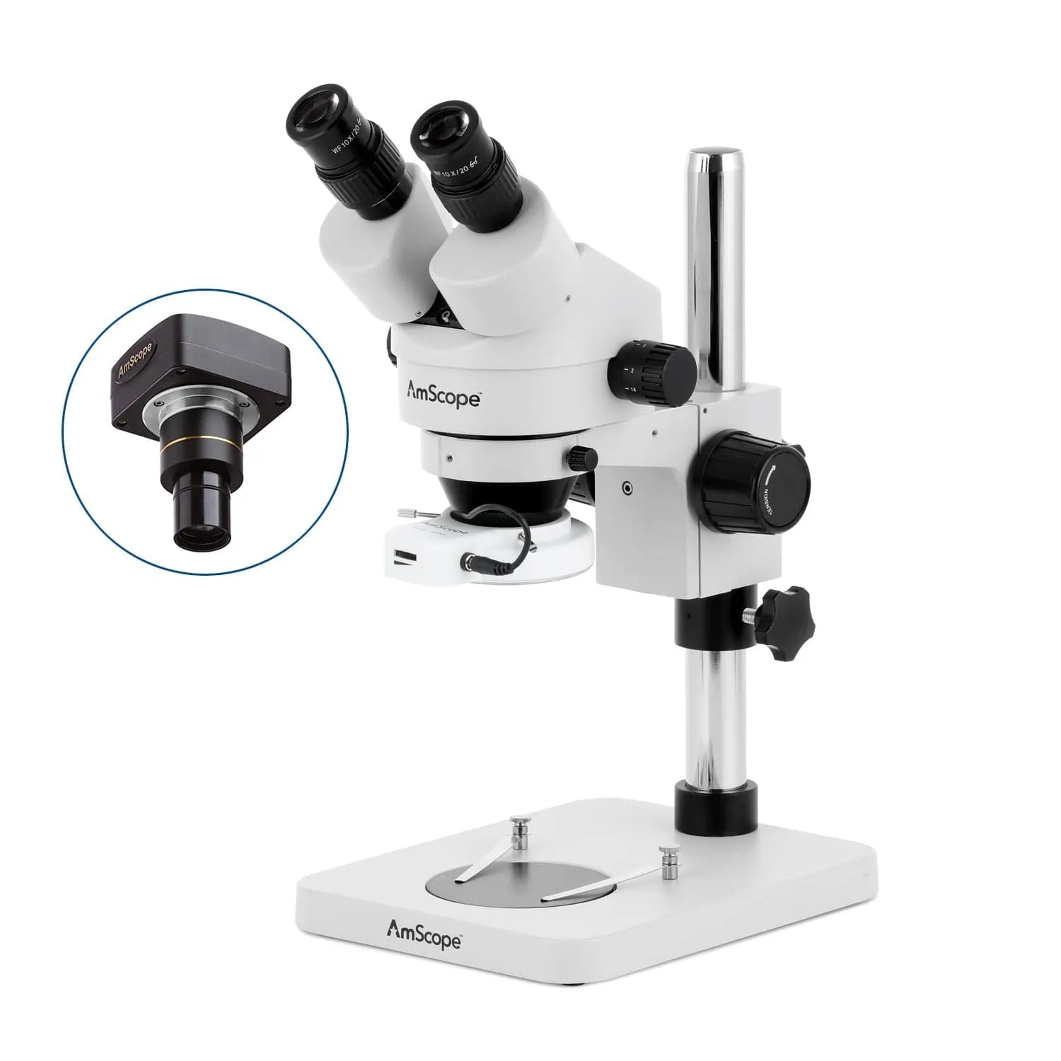 AmScope SM-1B Series Inspection and Dissecting Binocular Zoom Stereo Microscope with 144 LED Compact Ring Light and Optional Digital Camera on Compact Pillar Stand