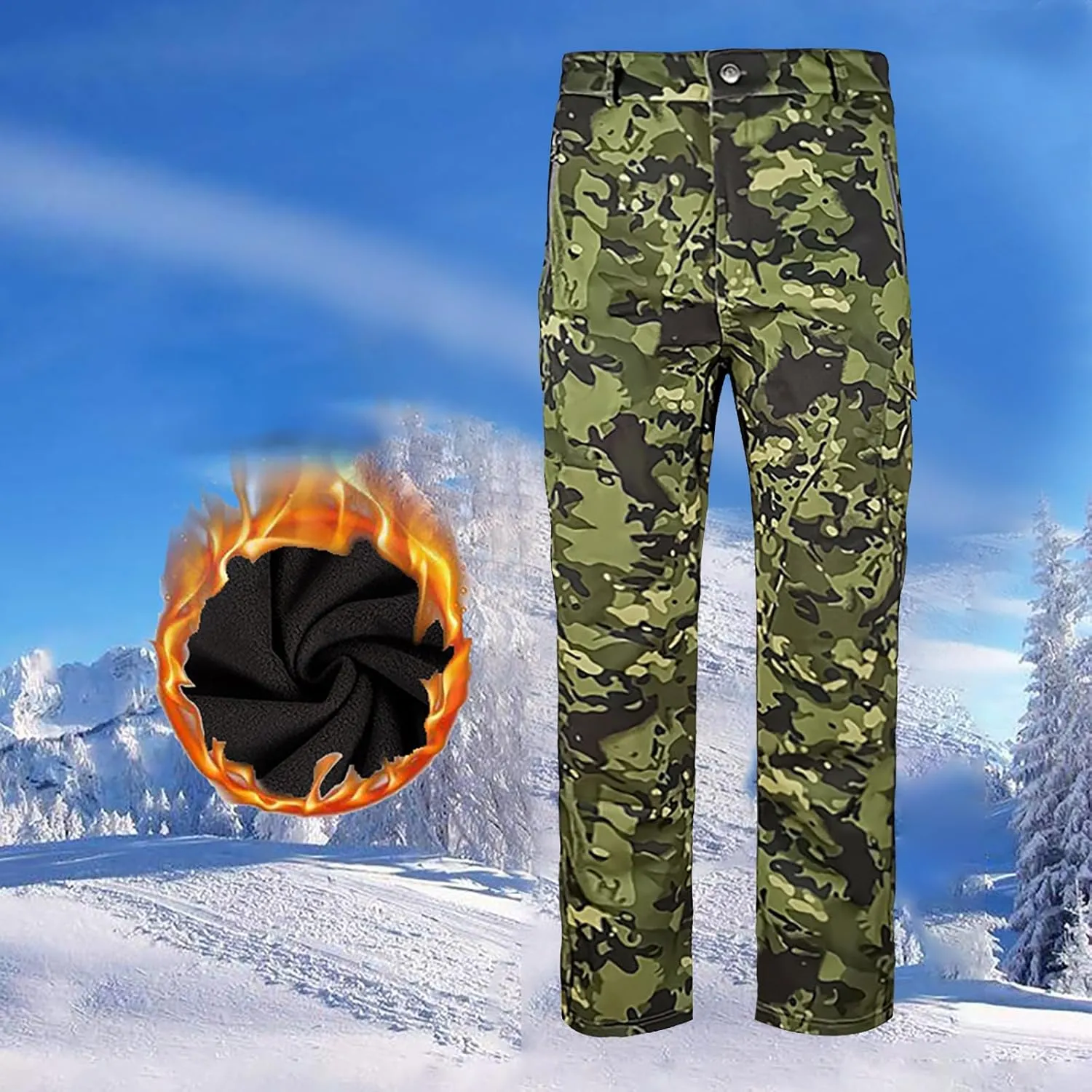 Fleece Men Camo Pants Straight Leg Tactical Pant Outdoor Cargo Pants Winter Windbreaker Pants Waterproof Hiking Pant