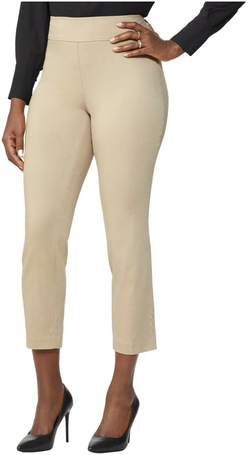 Roz & Ali Solid Millennium Tummy Panel Pull On Ankle Pants With Rivet Trim Bottom - Misses