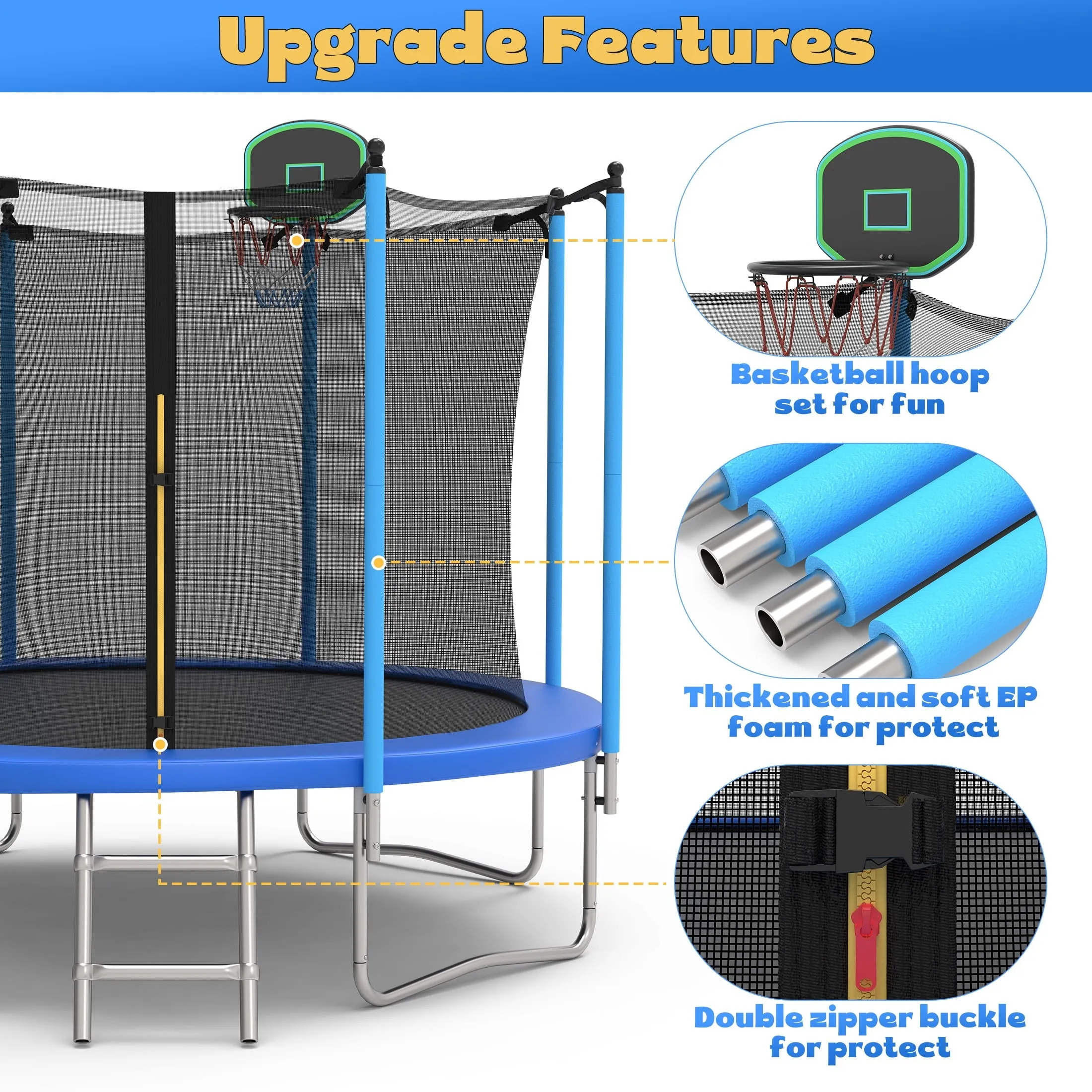 SEGMART 10ft Trampoline for Kids with Basketball Hoop and Enclosure Net/Ladder,Blue
