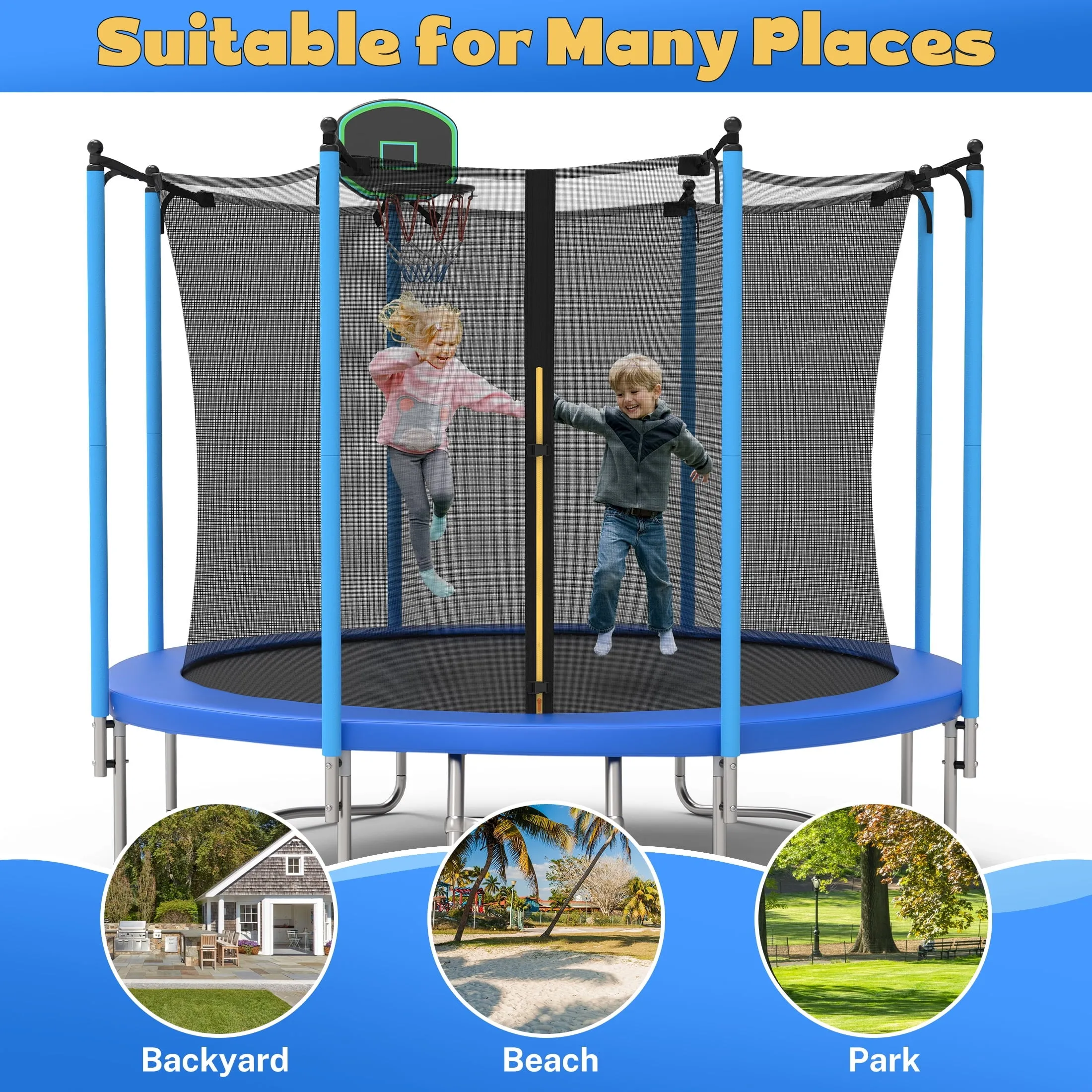 SEGMART 10ft Trampoline for Kids with Basketball Hoop and Enclosure Net/Ladder,Blue
