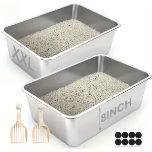 Stainless Steel Cat Litter Box 2  - XXL Metal Litter Pan with Non-Slip Pads and Rounded Edges, Includes 2 Scoops.