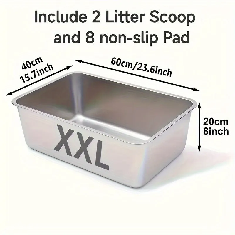 Stainless Steel Cat Litter Box 2  - XXL Metal Litter Pan with Non-Slip Pads and Rounded Edges, Includes 2 Scoops.
