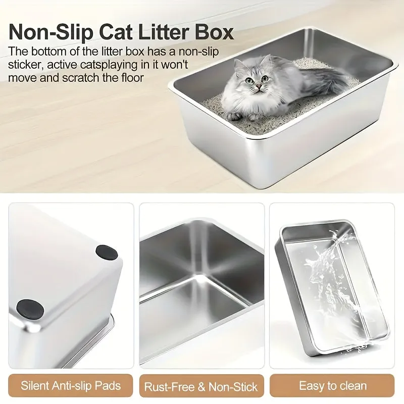 Stainless Steel Cat Litter Box 2  - XXL Metal Litter Pan with Non-Slip Pads and Rounded Edges, Includes 2 Scoops.