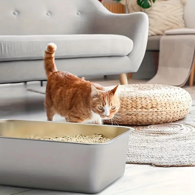 Stainless Steel Cat Litter Box 2  - XXL Metal Litter Pan with Non-Slip Pads and Rounded Edges, Includes 2 Scoops.