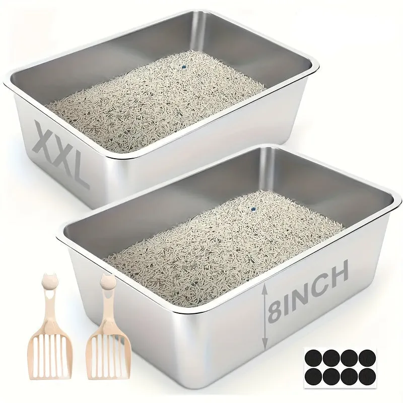 Stainless Steel Cat Litter Box 2  - XXL Metal Litter Pan with Non-Slip Pads and Rounded Edges, Includes 2 Scoops.