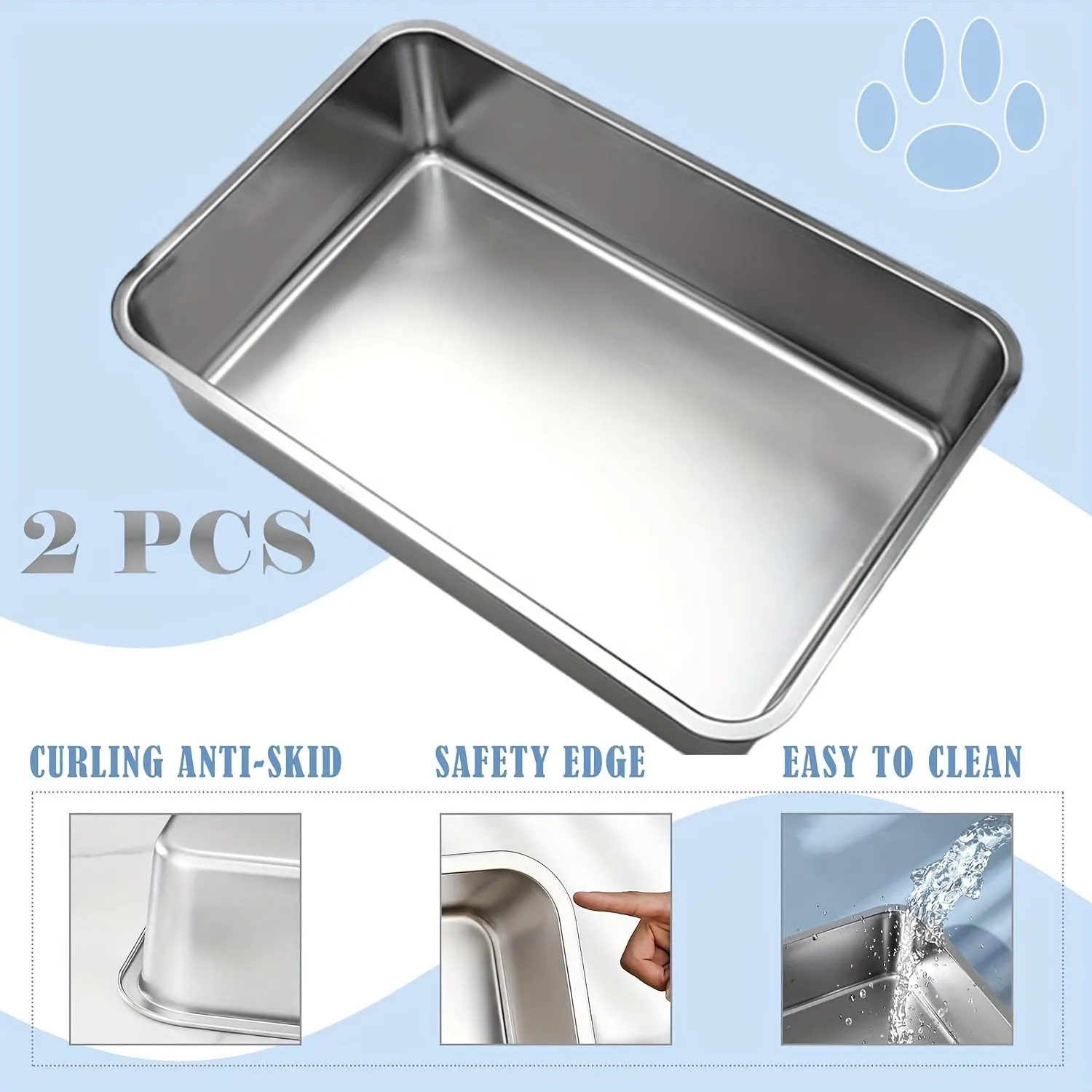Stainless Steel Cat Litter Box 2  - XXL Metal Litter Pan with Non-Slip Pads and Rounded Edges, Includes 2 Scoops.