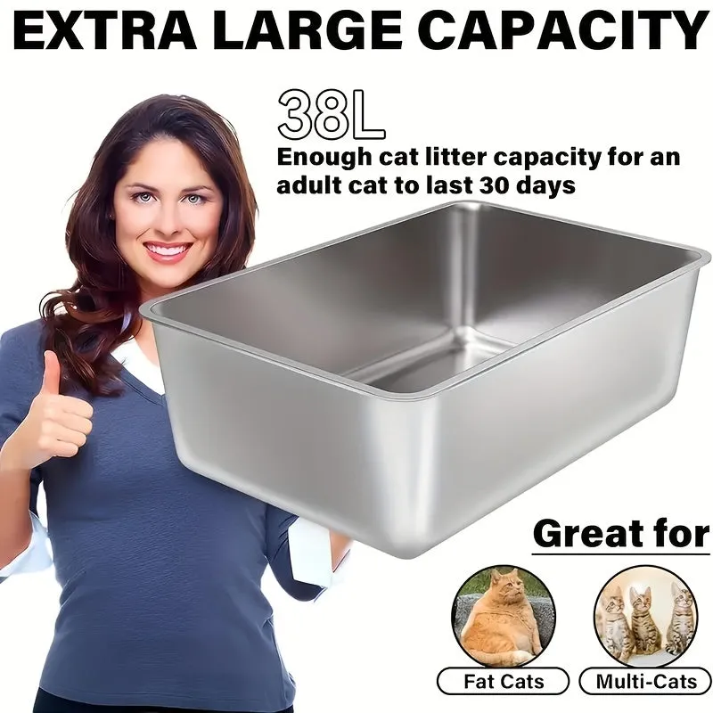 Stainless Steel Cat Litter Box 2  - XXL Metal Litter Pan with Non-Slip Pads and Rounded Edges, Includes 2 Scoops.