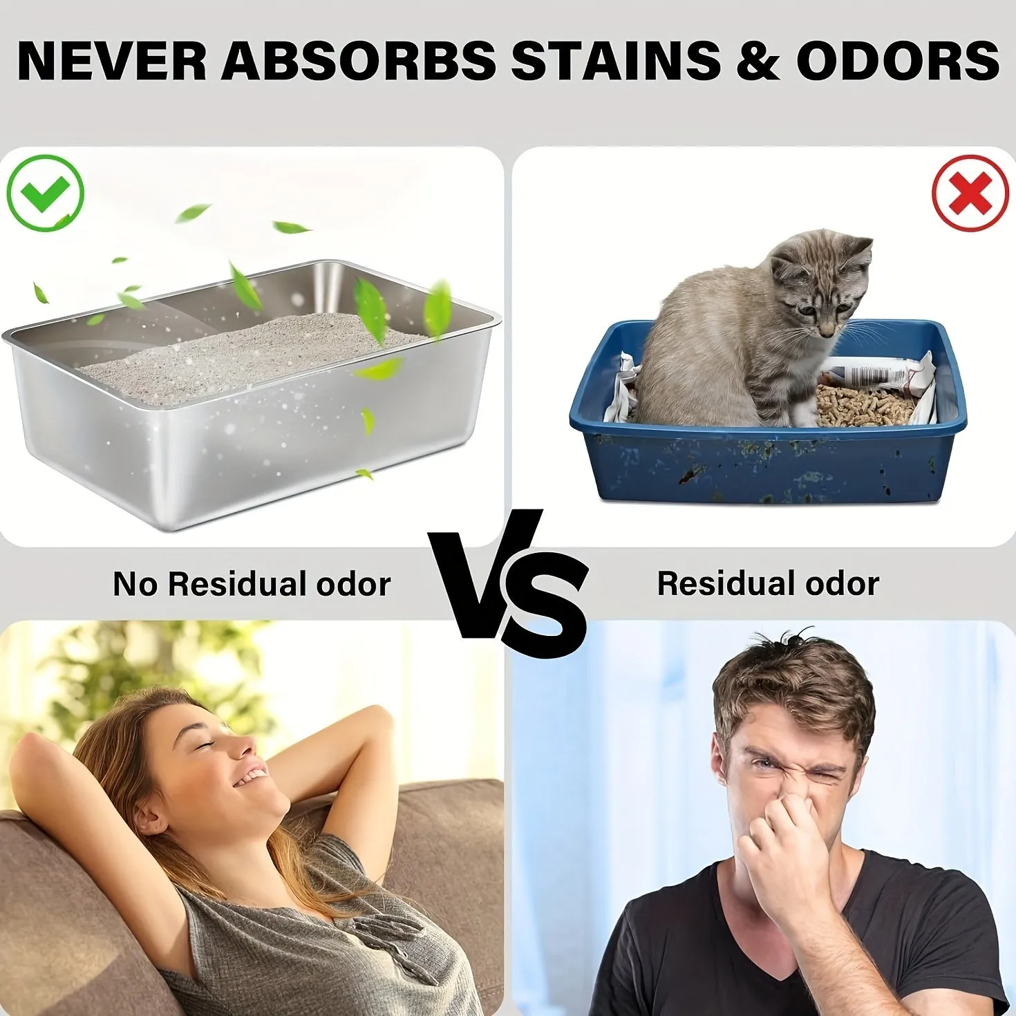 Stainless Steel Cat Litter Box 2  - XXL Metal Litter Pan with Non-Slip Pads and Rounded Edges, Includes 2 Scoops.