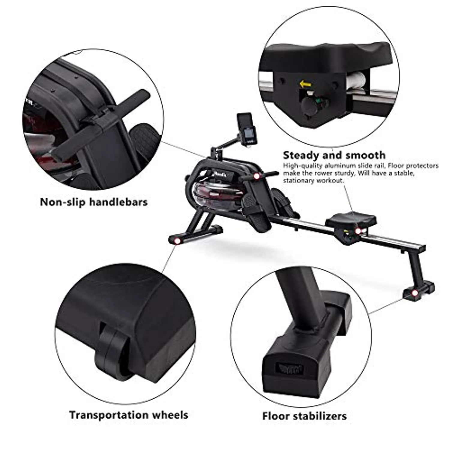 Water Rower Rowing Machine - Exercise with iPad and Phone Support LCD Digital Monitor