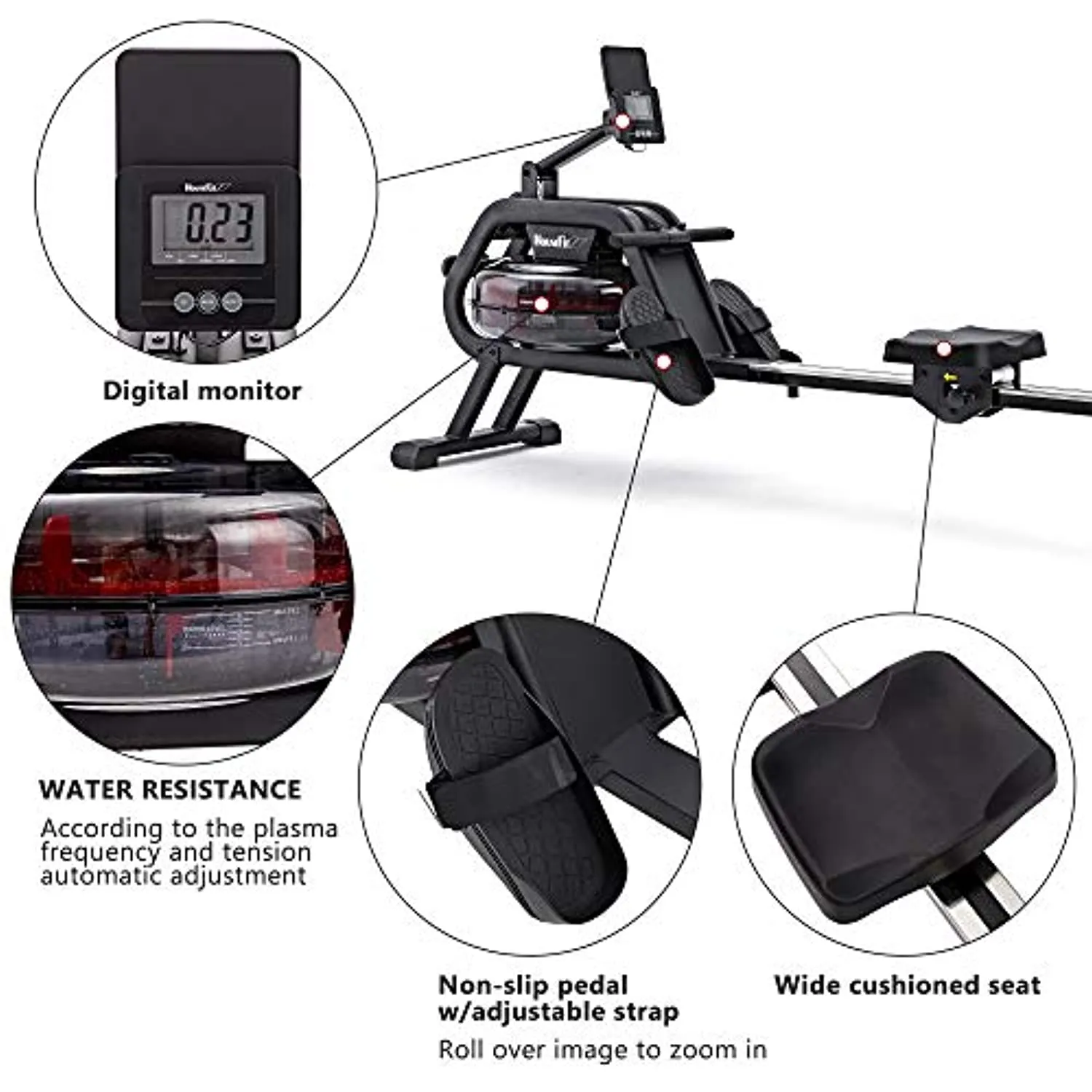 Water Rower Rowing Machine - Exercise with iPad and Phone Support LCD Digital Monitor